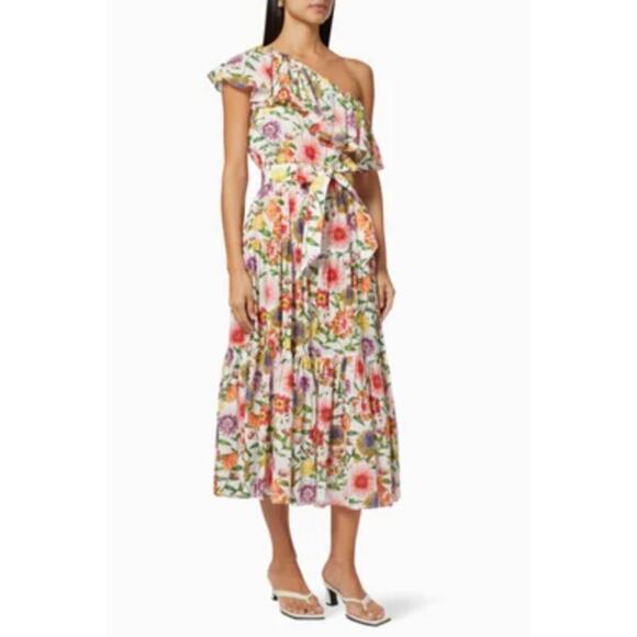 BORGO DE NOR Petra One Shoulder Ruffle Midi Linen Floral Dress Tuckernuck Small - Picture 14 of 15